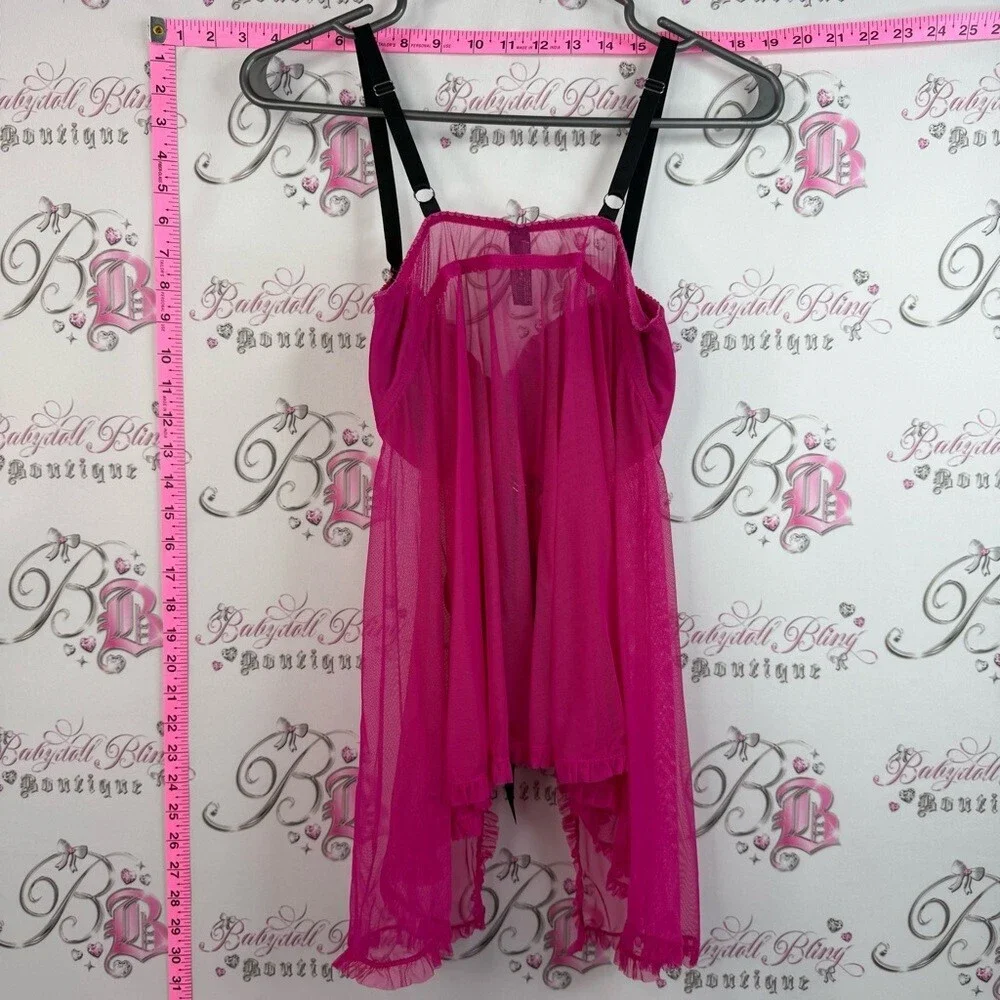 Victoria’s Secret set 2 piece rhinestone Sheer Fuchsia Babydoll matching ribbon